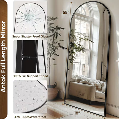58" x 19" Arched Full-Length Floor Mirror – Freestanding Standing Mirror with Durable Metal Frame