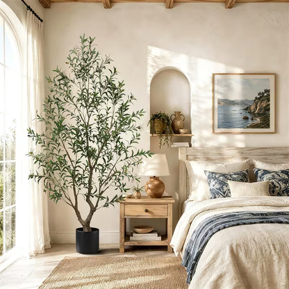 5–8 FT Artificial Olive Tree with White Round Planter – Lifelike Faux Indoor Floor Plant for Home & Office Décor
