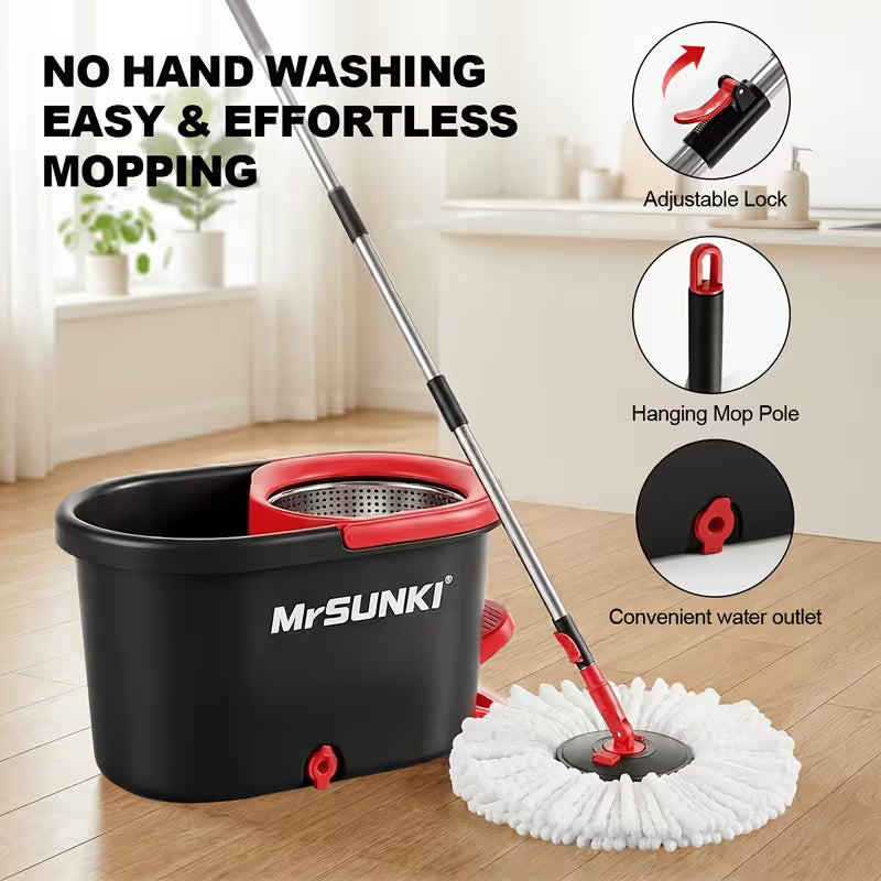 360° Spin Mop and Bucket Cleaning Set with 3 Microfiber Heads, Adjustable 59-Inch Stainless Steel Handle & 30 Disposable Floor Pads