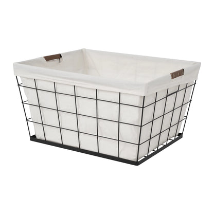 60L Rectangular Steel Wire Laundry Basket with Removable Cotton-Blend Liner, Black & Natural