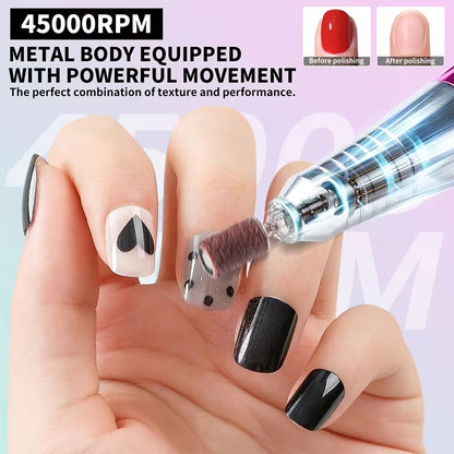 Professional Cordless Electric Nail Drill Machine, 45,000 RPM Rechargeable E-File with LCD Display and Brushless Motor for Acrylic, Gel Nails, Manicure & Pedicure