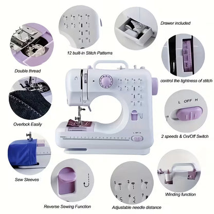Portable Mini Electric Sewing Machine with Extension Table, Multiple Stitch Options & LED Light for Beginners and Small Sewing Projects