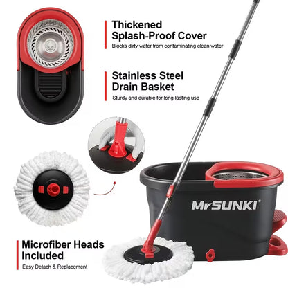 360° Spin Mop and Bucket Cleaning Set with 3 Microfiber Heads, Adjustable 59-Inch Stainless Steel Handle & 30 Disposable Floor Pads