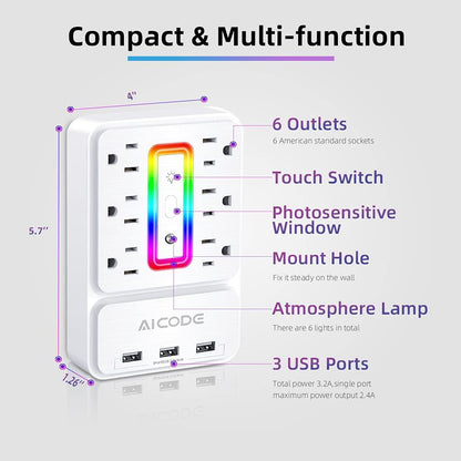 Outlet Extender with USB, Wall Outlet Splitter Night Light