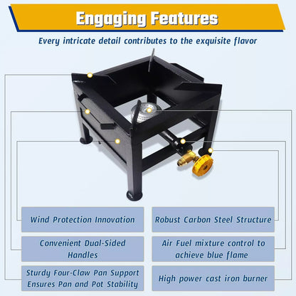 Large Propane Burner Gas Stove - High Pressure Square Single Burner Outdoor Patio Stove Propane Wok Burner Heavy Duty Outdoor Gas Burner with Regulator & Hose for Crawfish Boiler, Turkey Fryer