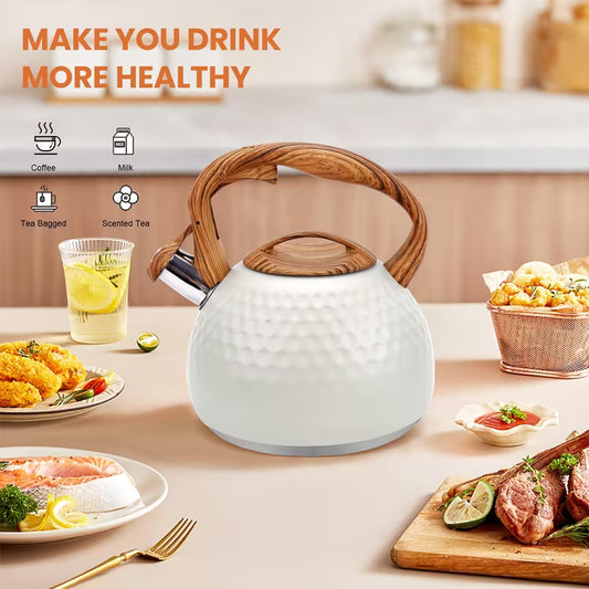 3L Stainless Steel Stovetop Kettle with Wooden-Pattern Handle – Lightweight & Durable Tea Kettle for All Stovetops