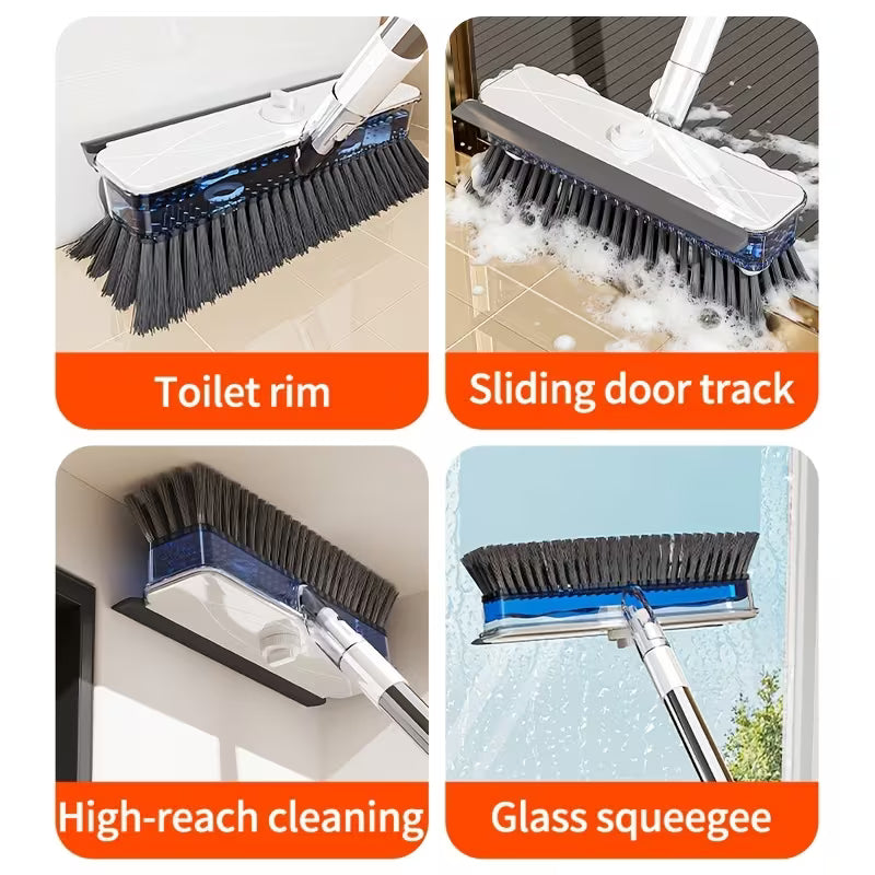 Extendable Long-Handle Floor Scrub Brush with Built-In Liquid Reservoir, Stiff Bristles & Flexible Squeegee for Bathroom, Tile & Floor Cleaning
