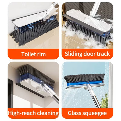 Extendable Long-Handle Floor Scrub Brush with Built-In Liquid Reservoir, Stiff Bristles & Flexible Squeegee for Bathroom, Tile & Floor Cleaning