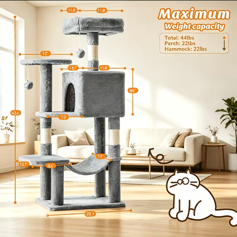 44-Inch Multi-Level Cat Tree with Natural Sisal Scratching Posts, Large Hammock & Enclosed