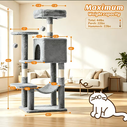 44-Inch Multi-Level Cat Tree with Natural Sisal Scratching Posts, Large Hammock & Enclosed