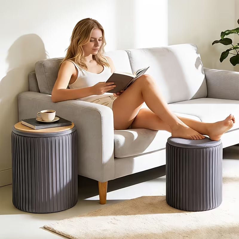 2-Piece Modern Bohemian Round Storage Stools with Hidden Shoe Storage