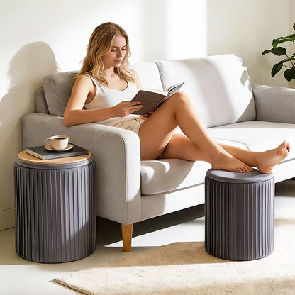 2-Piece Modern Bohemian Round Storage Stools with Hidden Shoe Storage