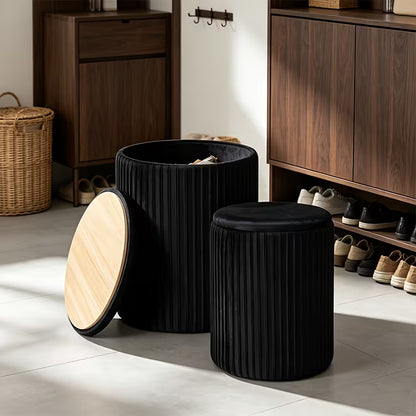 2-Piece Modern Bohemian Round Storage Stools with Hidden Shoe Storage