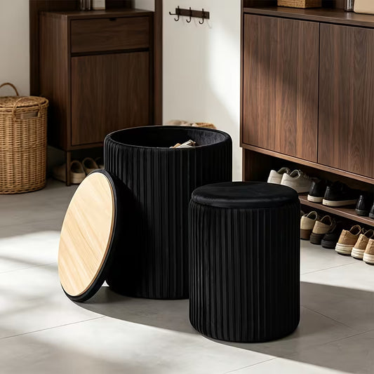 2-Piece Modern Bohemian Round Storage Stools with Hidden Shoe Storage