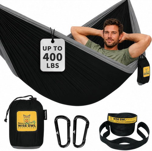 Hammock for Camping Single Hammocks Gear for the Outdoors Backpacking Survival or Travel - Portable Lightweight Parachute Nylon so Black & Grey