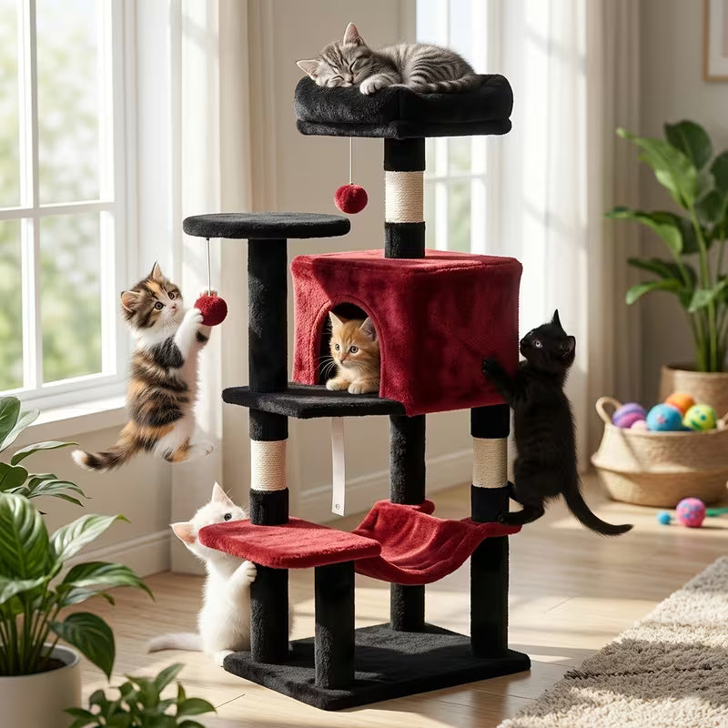 44-Inch Multi-Level Cat Tree with Natural Sisal Scratching Posts, Large Hammock & Enclosed