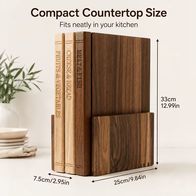 3-Piece Acacia Wood Cutting Board Set with Stand – Decorative Book-Style Chopping Boards for Kitchen
