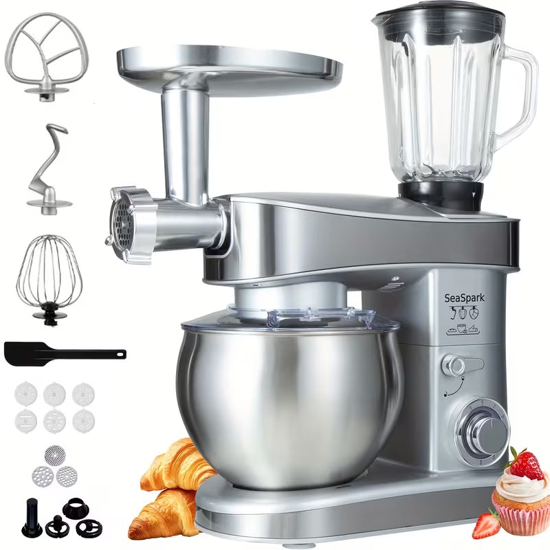 6-in-1 Electric Stand Mixer – 400W, 6-Speed, 6.3QT Stainless Steel Bowl with Meat Grinder, Juicer & Noodle Accessories