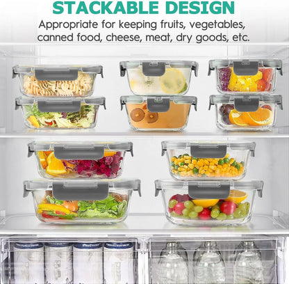 34Pcs Glass Food Storage Containers with Lids Set, Airtight Meal Prep Containers (17 Containers & 17 Lids), Grey