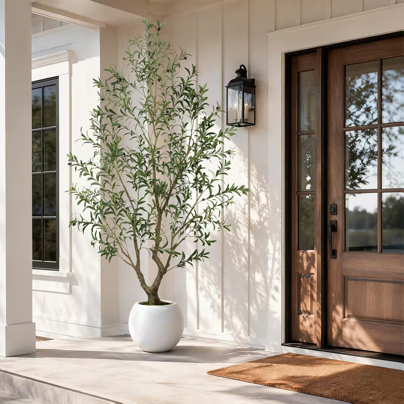 5–8 FT Artificial Olive Tree with White Round Planter – Lifelike Faux Indoor Floor Plant for Home & Office Décor
