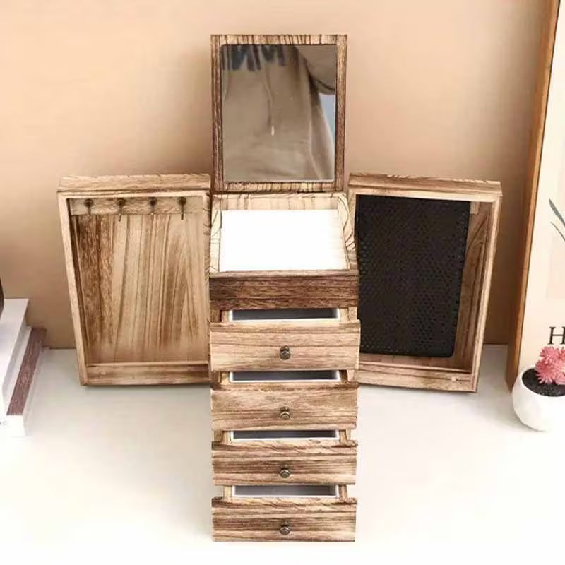 5-Layer Jewelry Storage Box with Mirror, Rustic Wooden Jewelry Organizer for Rings, Earrings & Necklaces