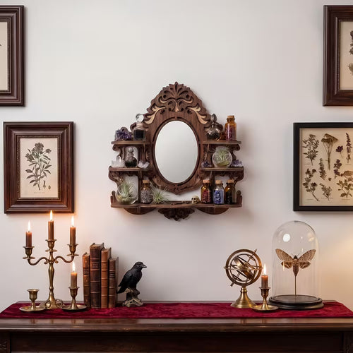 Wall-Mounted Shelf with Mirror, Multi-Functional Crystal Display Organizer, Space-Saving Wooden Wall Décor for Entryway & Bathroom