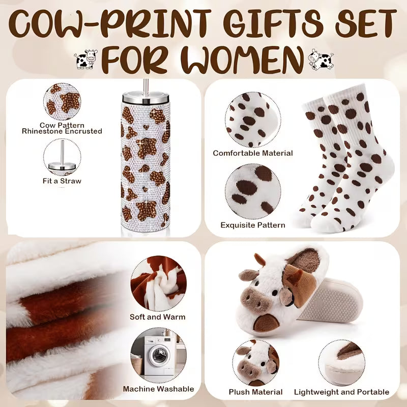 6-Piece Cow Themed Gift Set for Women, Cow Print Tumbler with Blanket, Socks, Slippers, Tote Bag and Keychain, Cute Farm Animal Gift Set for Birthdays, Holidays and Cow Lovers