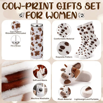 6-Piece Cow Themed Gift Set for Women, Cow Print Tumbler with Blanket, Socks, Slippers, Tote Bag and Keychain, Cute Farm Animal Gift Set for Birthdays, Holidays and Cow Lovers