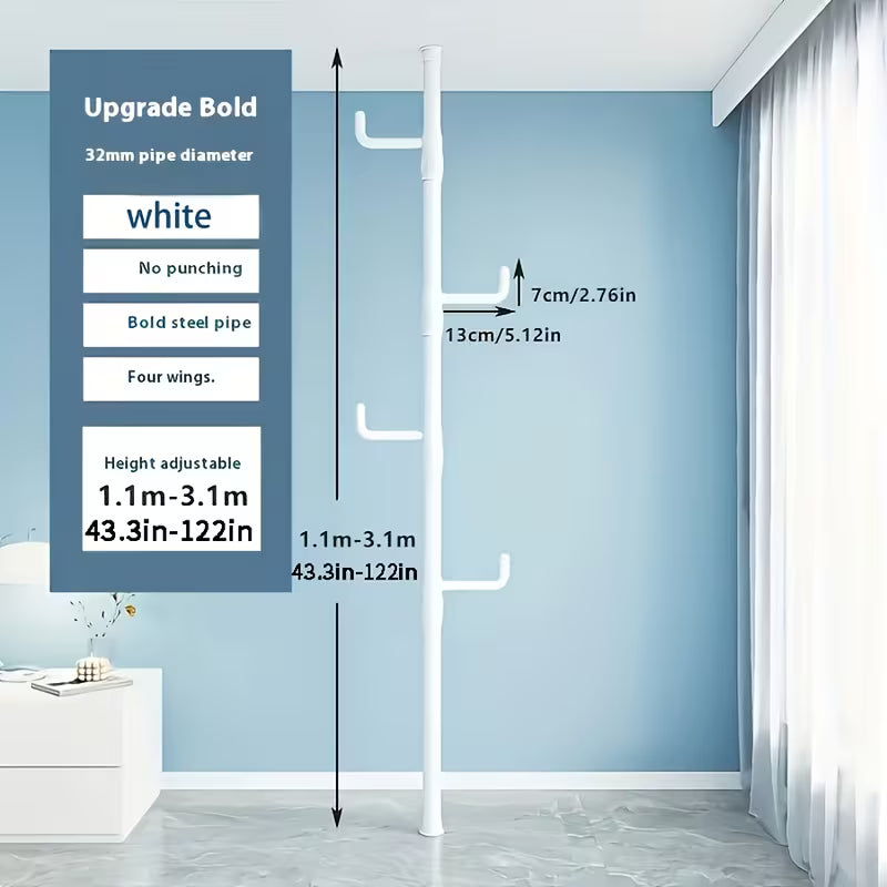No-Drill Adjustable Height Clothes Rack with 4 Hooks