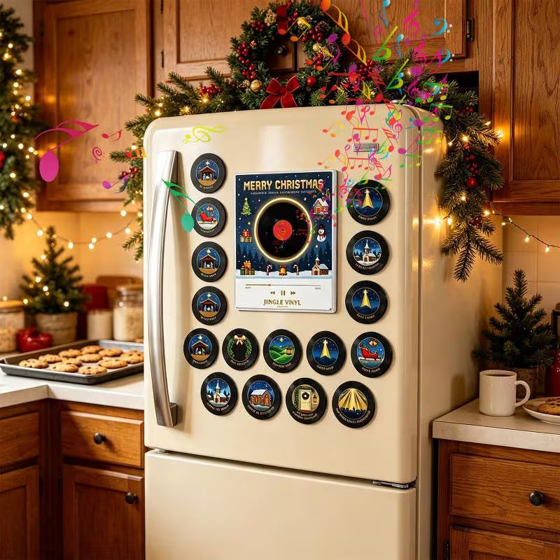 Christmas Vinyl Record Player Fridge Magnet Set