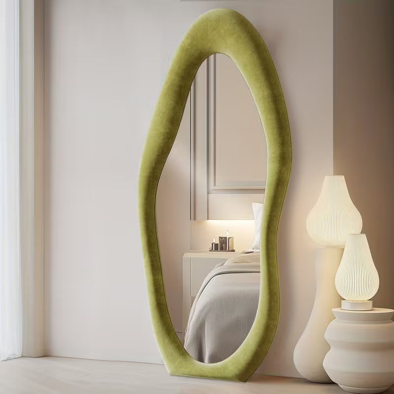 63" x 24" Irregular Full-Length Mirror – Full Body Floor & Wall-Mounted Mirror with Ivory Flannel Frame