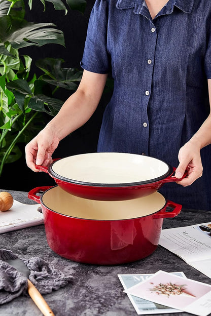 7 Quart Dutch Oven Pot with Lid - 2-In-1 Oval Cast Iron Enamel Cookware with Skillet Top - Enameled Dutch Oven for Bread, Baking, Stews, Roasting - Heat Resistant up to 500°F - Red Finish