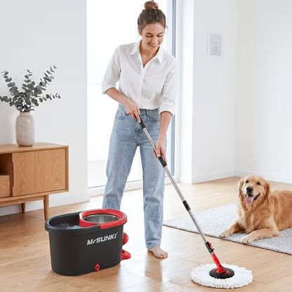 360° Spin Mop and Bucket Cleaning Set with 3 Microfiber Heads, Adjustable 59-Inch Stainless Steel Handle & 30 Disposable Floor Pads