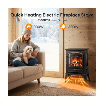 Portable Electric Fireplace Stove Heater, 5100 BTU, 1000W/1500W Adjustable Heat, Thermostat & Realistic Flame Effect