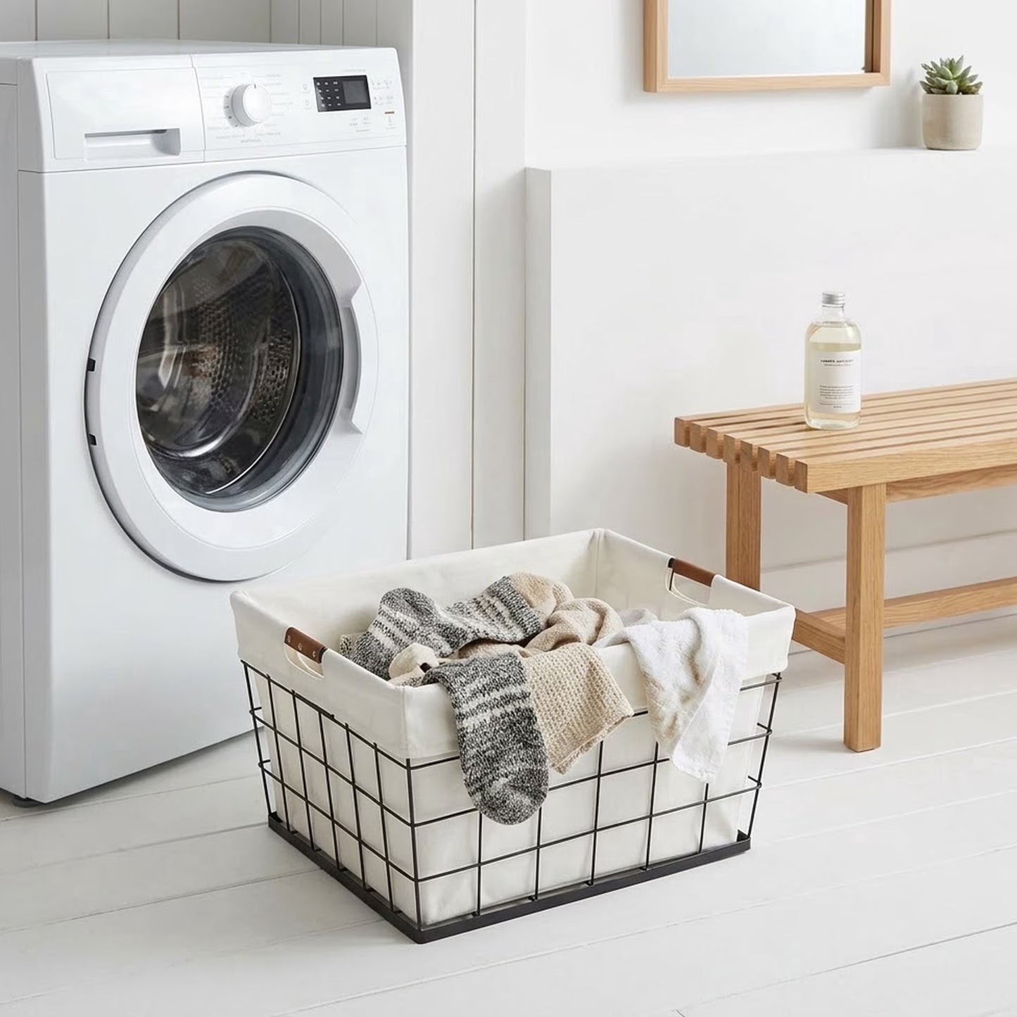60L Rectangular Steel Wire Laundry Basket with Removable Cotton-Blend Liner, Black & Natural