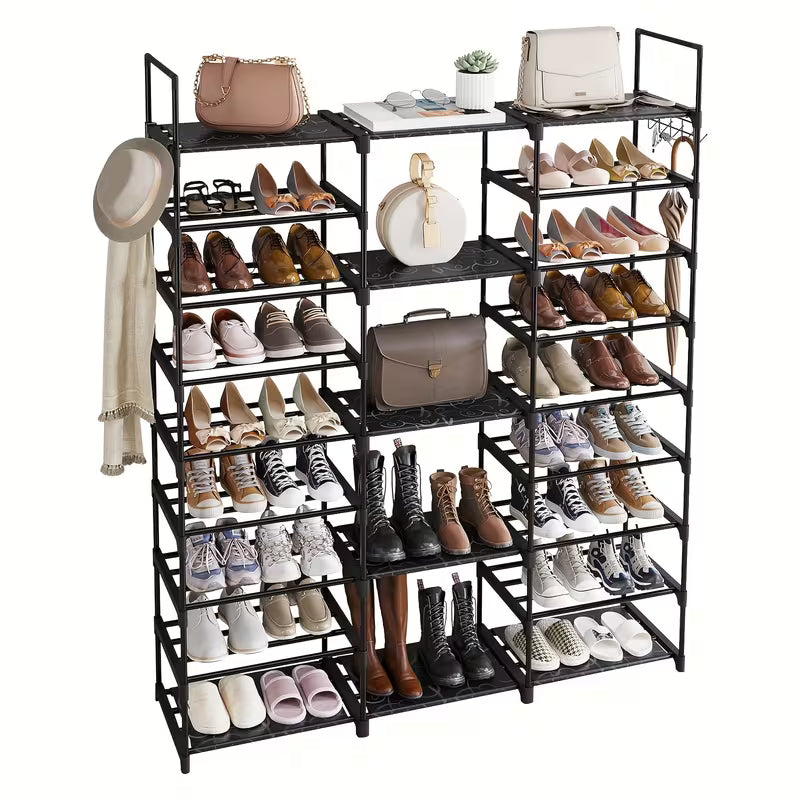 9-Tier Shoe Rack Organizer with Hooks, Stackable Metal Shoe Storage Shelf for Entryway, Bedroom, Closet & Hallway
