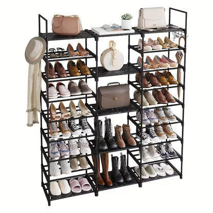 9-Tier Shoe Rack Organizer with Hooks, Stackable Metal Shoe Storage Shelf for Entryway, Bedroom, Closet & Hallway