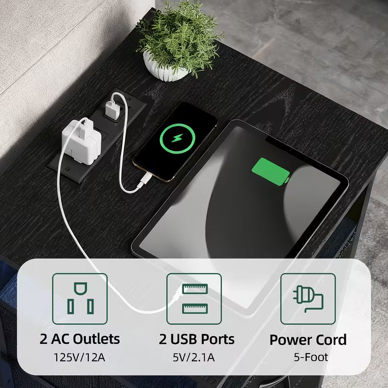 Nightstand with Charging Station, 3 Drawers & Storage Shelf