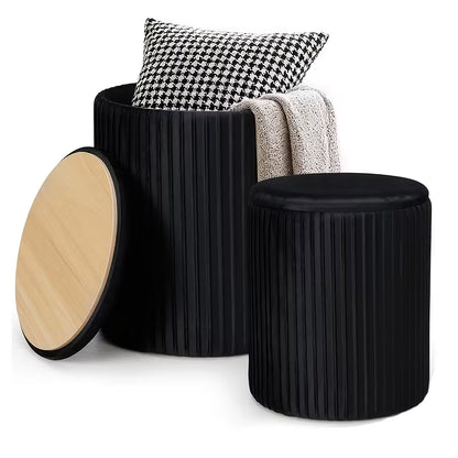 2-Piece Modern Bohemian Round Storage Stools with Hidden Shoe Storage