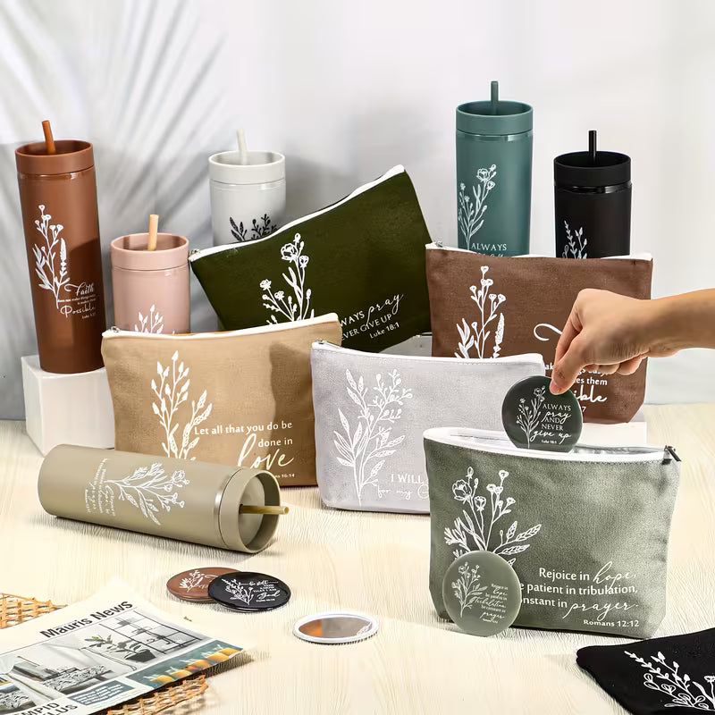 6-Piece Christian Gift Set for Women, Bible Verse Skinny Tumbler with Lid and Straw, Cosmetic Bag, Compact Mirror and Religious Accessories, Inspirational Gift Set for Mom, Teacher, Nurse, Godmother and Church Friends