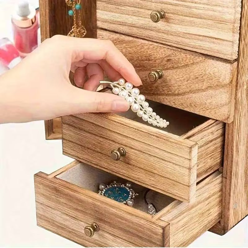 5-Layer Jewelry Storage Box with Mirror, Rustic Wooden Jewelry Organizer for Rings, Earrings & Necklaces