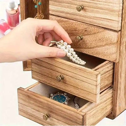5-Layer Jewelry Storage Box with Mirror, Rustic Wooden Jewelry Organizer for Rings, Earrings & Necklaces