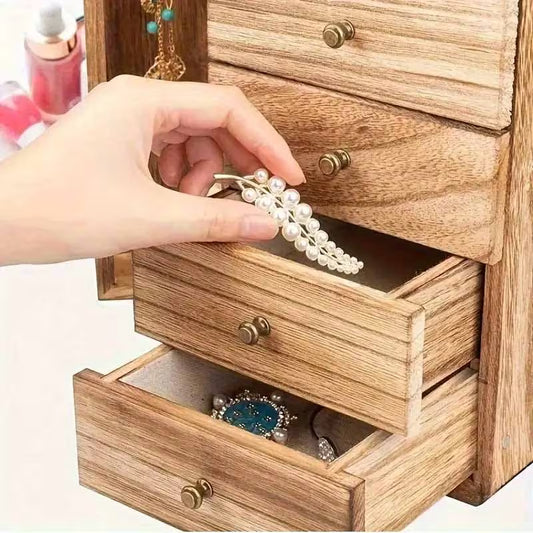 5-Layer Jewelry Storage Box with Mirror, Rustic Wooden Jewelry Organizer for Rings, Earrings & Necklaces