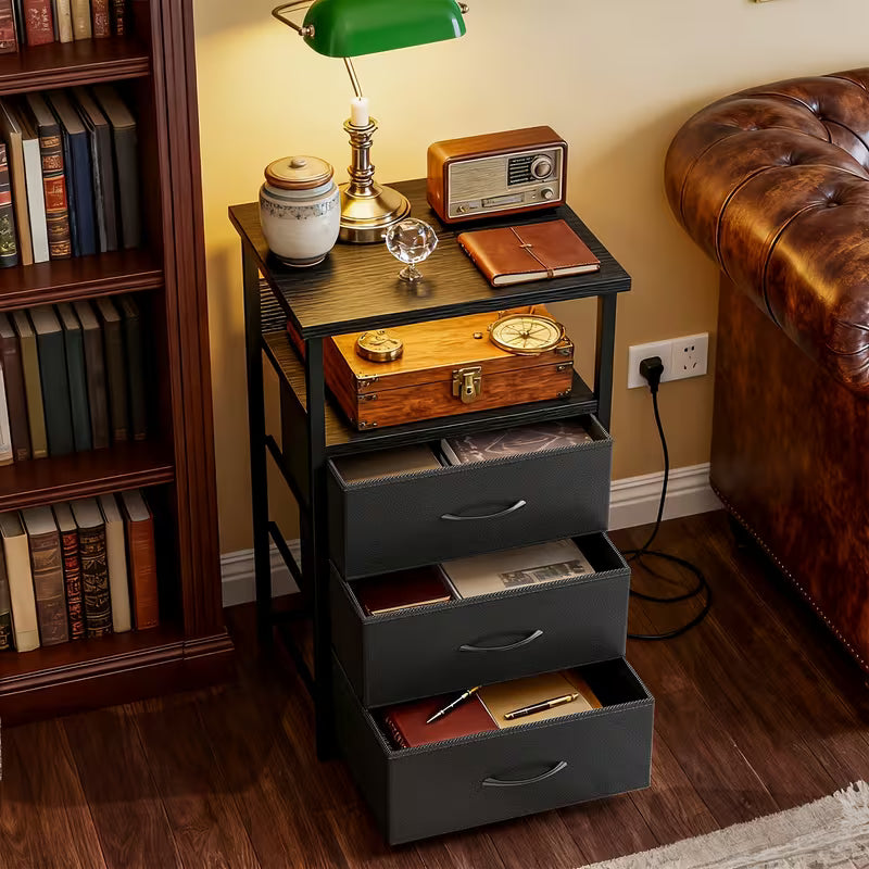 Nightstand with Charging Station, 3 Drawers & Storage Shelf