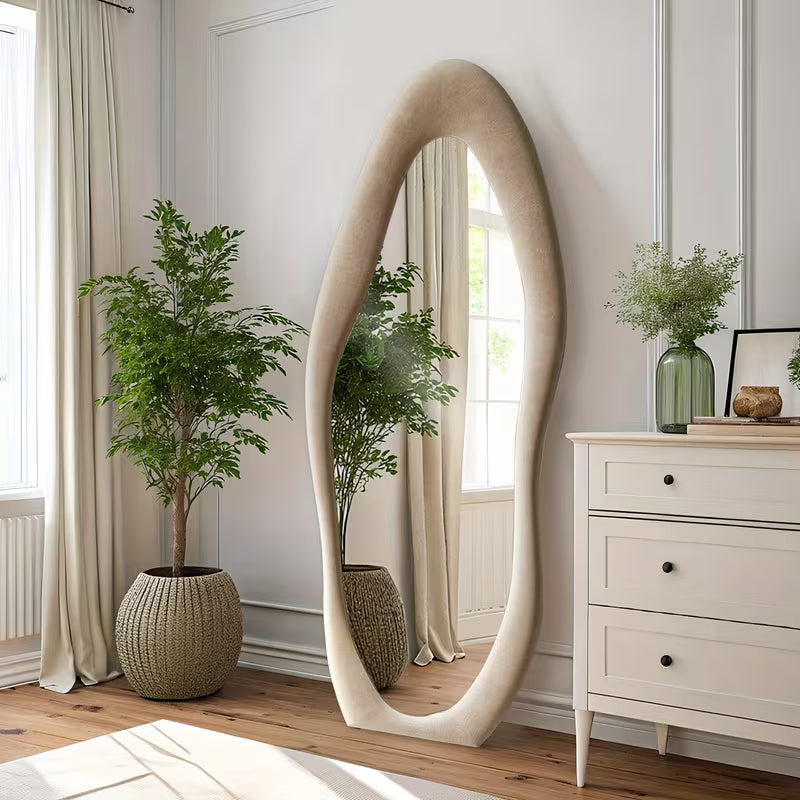 63" x 24" Irregular Full-Length Mirror – Full Body Floor & Wall-Mounted Mirror with Ivory Flannel Frame