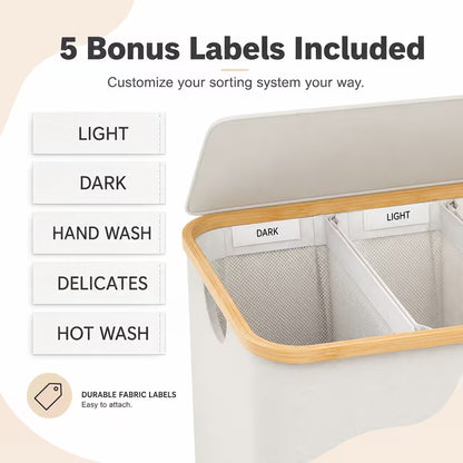 160L 3-Section Laundry Hamper with Lid – Large Capacity Laundry Sorter with 3 Removable Washable Bags & 5 Sorting Labels