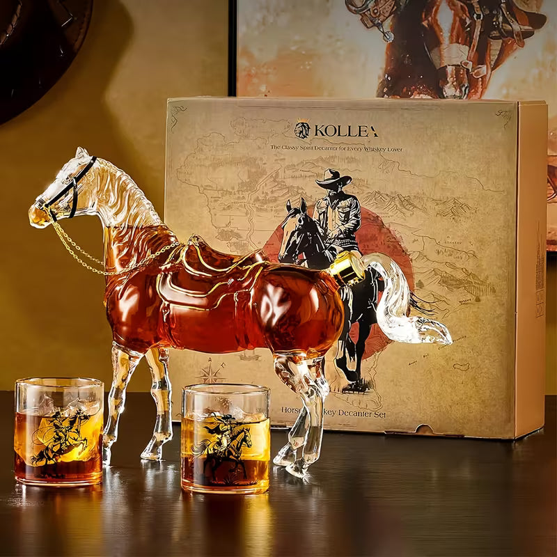 Horse Whiskey Decanter Set with 2 Cowboy Glasses