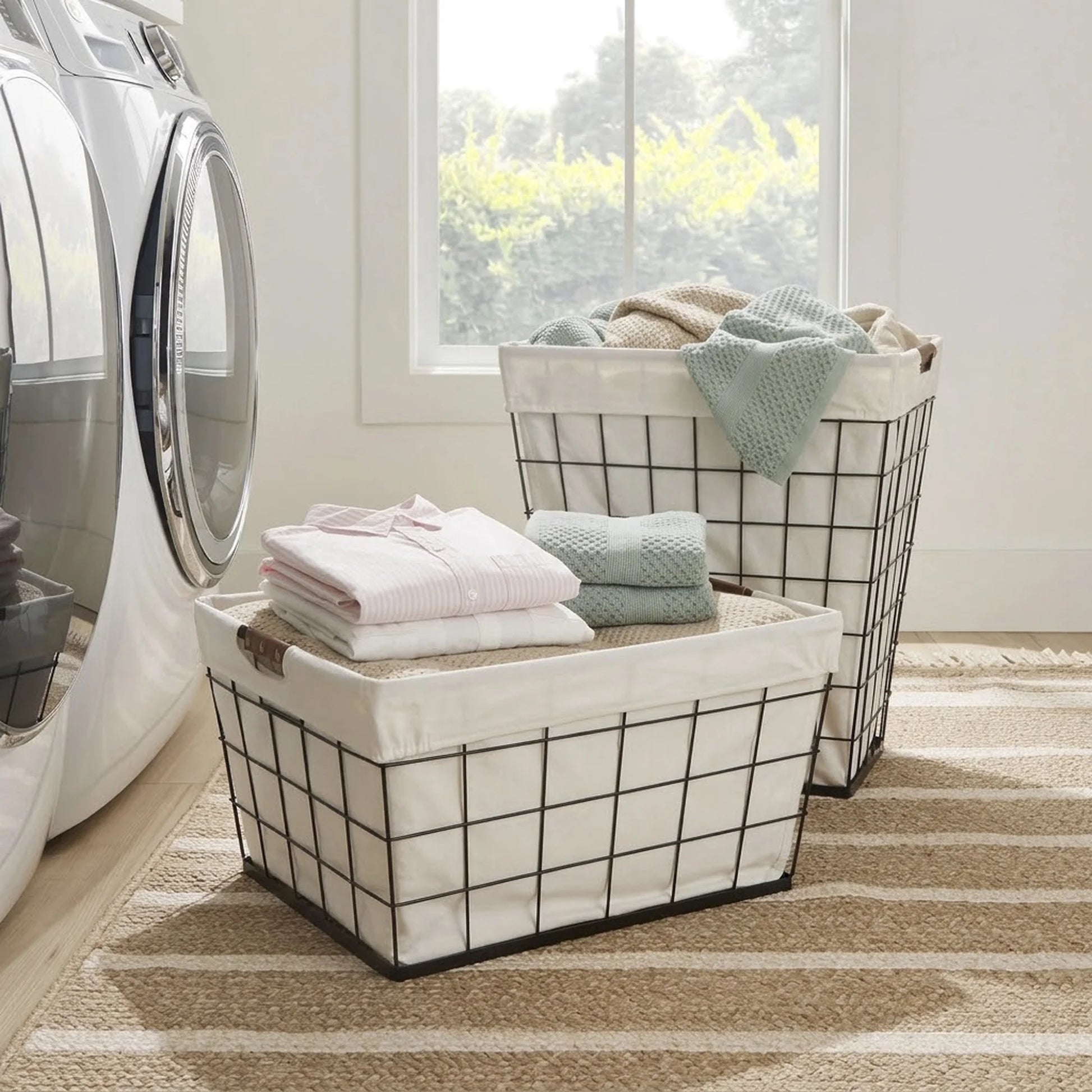 60L Rectangular Steel Wire Laundry Basket with Removable Cotton-Blend Liner, Black & Natural