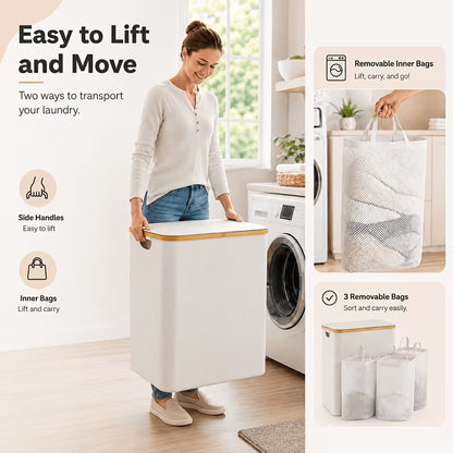 160L 3-Section Laundry Hamper with Lid – Large Capacity Laundry Sorter with 3 Removable Washable Bags & 5 Sorting Labels