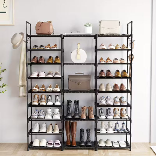 9-Tier Shoe Rack Organizer with Hooks, Stackable Metal Shoe Storage Shelf for Entryway, Bedroom, Closet & Hallway